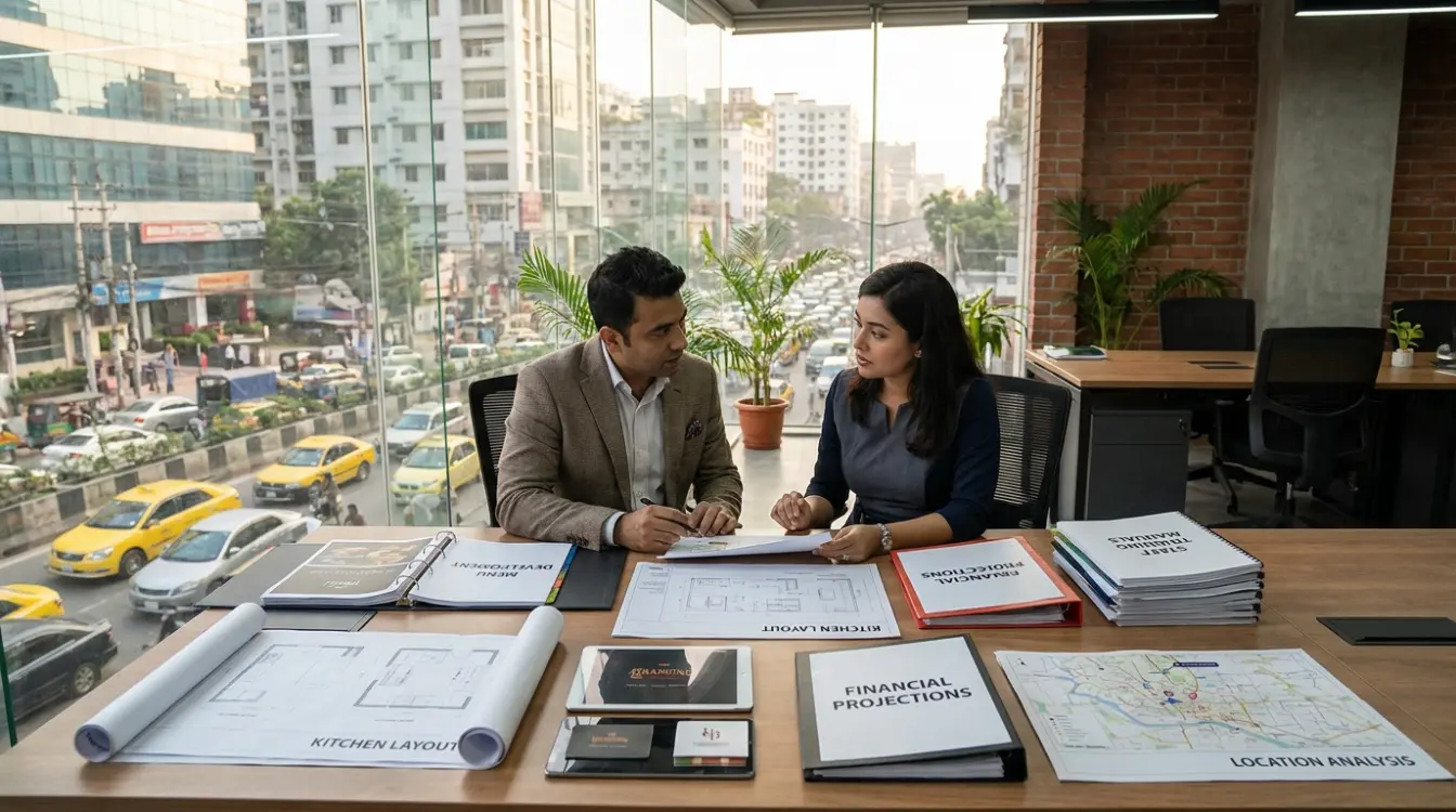 Bangladeshi restaurant entrepreneur and hospitality consultant reviewing business plans, kitchen layouts, menu concepts, and startup strategies in a modern corporate office.