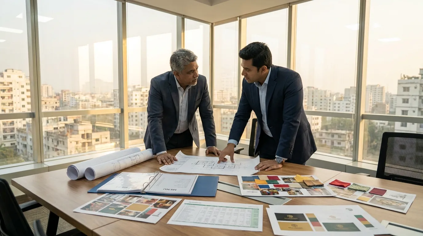 Restaurant owner and hospitality consultant analyzing menu engineering reports, food costs, pricing strategies, and restaurant profitability in a modern corporate office.
